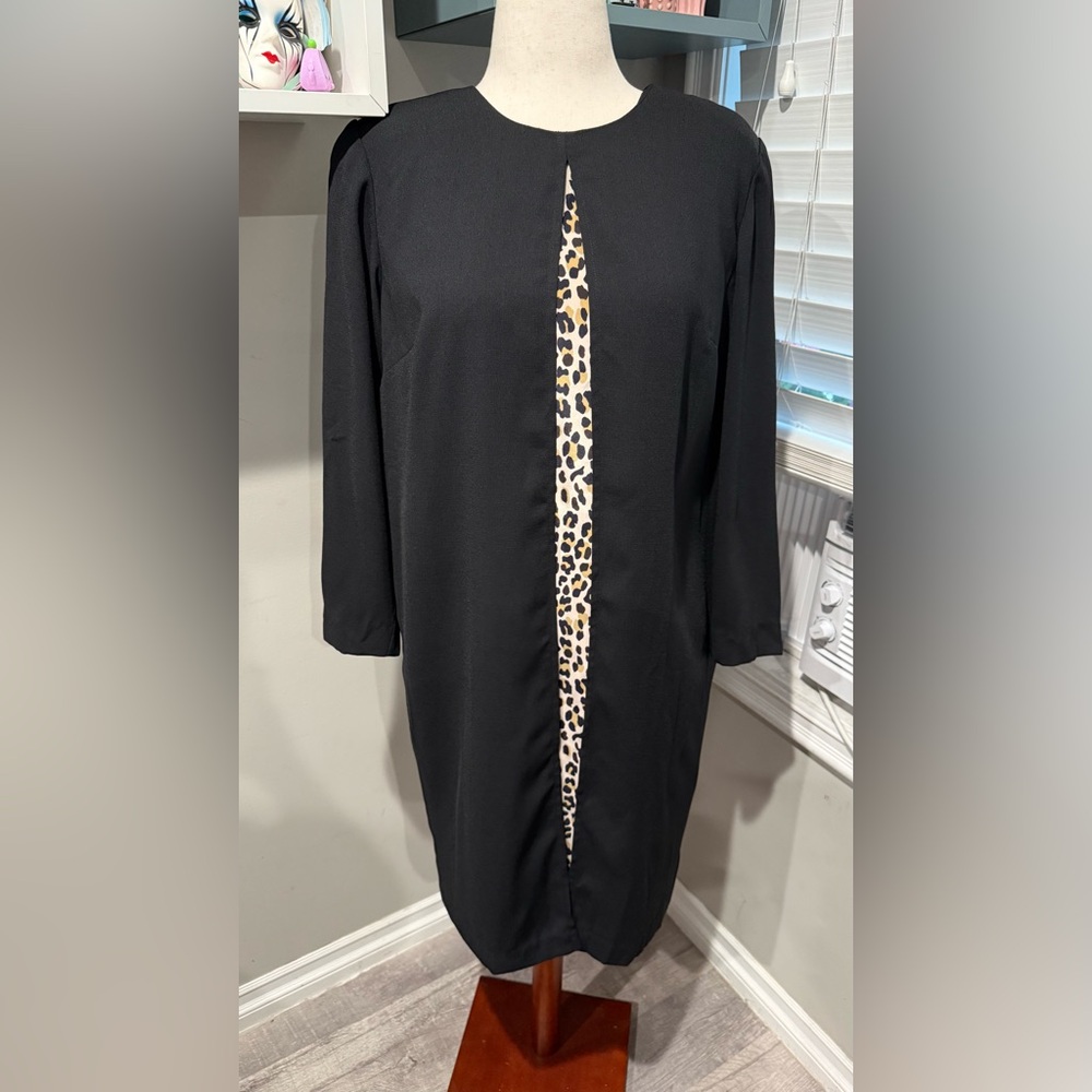 Leslie Fay Mock Jacket Elegant Black Dress with Leopard Print Accent